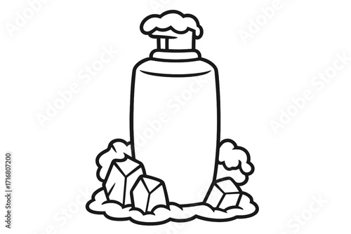Shampoo conditioner bottle pump with ice cubes and snow for a cooling effect. Vector line art. Cosmetic hair care product. Freshness concept. Hygiene, beauty outline icon.