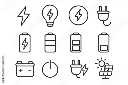 Power and energy line icon set. Vector bundle of electricity symbols, battery charge level indicators, plug, and solar panel pictogram. Editable stroke for web and app design.