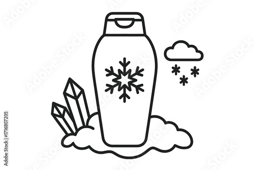 Cooling hair care concept. Winter shampoo and conditioner icon. Metaphor for ice cold fresh effect. Outline bottle with snowflake symbol for graphic design, web, apps, adverts.