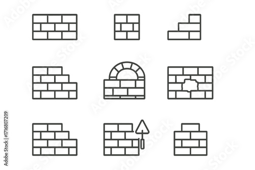 Brick wall line icon set. Simple outline vector illustration collection for construction and building. Masonry symbol with editable stroke. Broken wall, arch, and trowel icons.