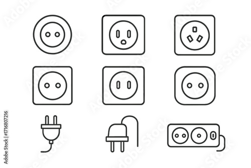 Electric power outlet and plug vector icon set. Minimal line icons collection of various electrical sockets, adapters, connectors, and power strips. Editable stroke pictogram.