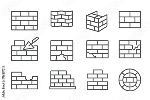 Brick wall thin line icons set. Vector construction symbols for building, masonry, brickwork. Includes damaged, cracked, broken wall concepts. Editable stroke illustration.