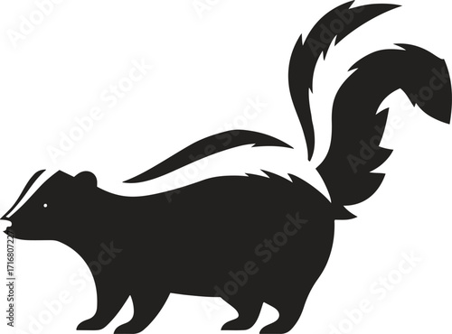 A side profile illustration of a skunk, rendered in a pixel art style. The skunk is black with characteristic white stripes on its back and tail.