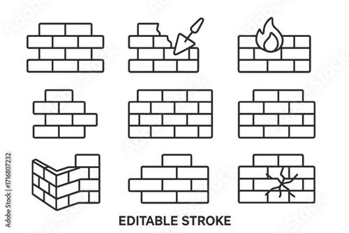 Brick wall line icon set. Editable stroke vector symbols for construction, building, and repair. Firewall security, barrier, and broken wall graphics. Outline pictograms.