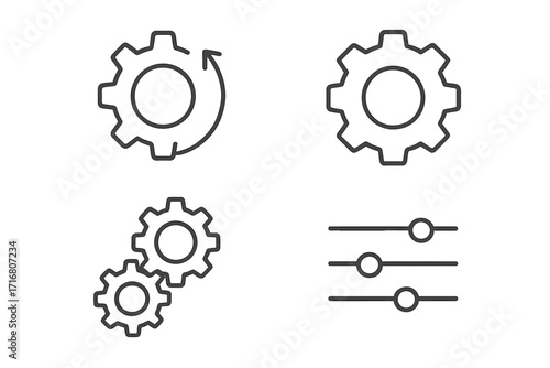 Mechanism and settings outline icon set. Gear, cogwheel, and slider symbols for configuration, preferences, process automation, and system workflow. Simple linear vector.