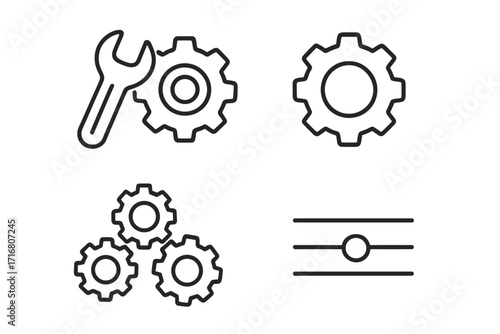 Gear and wrench icon set for settings and options. Simple linear vector icons for mechanism, configuration, setup, repair, and preferences. Editable stroke outline symbols.