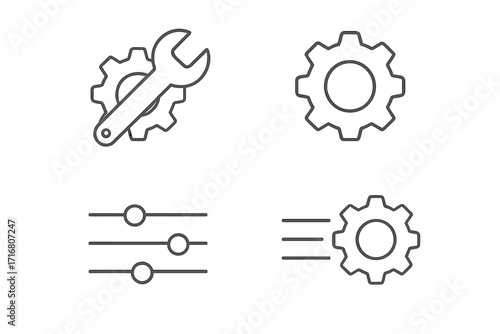 Settings and options vector icon set. Outline gear, cog, and wrench for maintenance service. Control panel sliders for adjustment and configuration. Simple linear web icons.