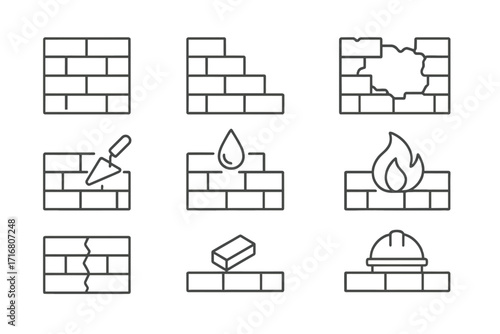 Brick wall thin line icon set. Construction and building concepts. Masonry, house repair, wall damage, firewall, waterproof symbols. Vector outline pack with editable stroke.