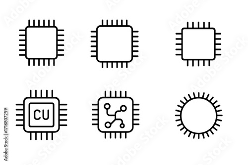 Chip line icon pack with editable stroke. Minimalistic linear pictograms for design. Vector CPU, processor, and microchip symbols. Electronic circuit and semiconductor elements.