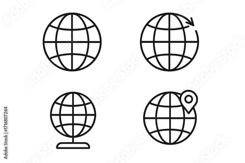 Globe line icon collection. World map, earth, planet pictogram. For global business, international communication, travel, geography, web, GPS navigation, and location.