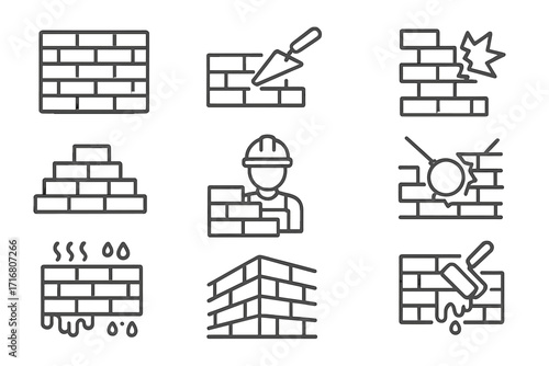 Bricklayer line icon set. Construction industry symbols. Building, masonry, demolition, repair concept. Brick wall, worker, trowel, wrecking ball. Editable stroke vector.