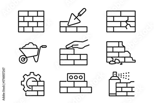 Brick wall construction line icon set. Vector icons for building, masonry, and repair. Includes trowel, wheelbarrow, broken wall, and graffiti spray can. Editable stroke.