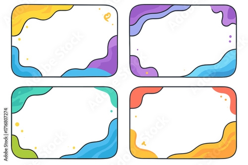 Set of colorful abstract frames. Cartoon vector illustration with wavy liquid shapes. Modern graphic element for text. Funky pop art banner background template collection.