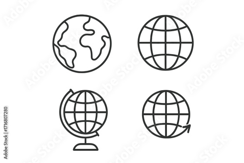 World and Earth globe icon collection. Minimalist line art pictograms. International travel, global business, and internet concepts. Vector symbols with editable stroke for web.