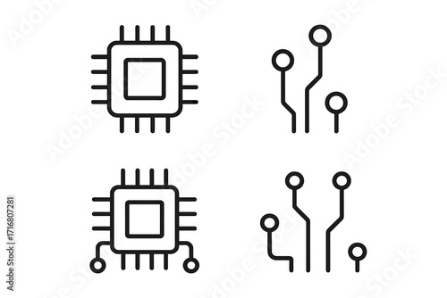 Microchip processor CPU line icon set. Editable stroke vector. Circuit board scheme pictogram collection. Technology and electronics symbol. Hardware and semiconductor concept.