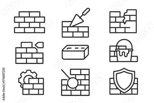 Brick wall line icon set. Construction, building, and demolition concepts. Vector icons for trowel, wrecking ball, security shield, and firewall. Editable stroke illustration.