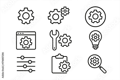 Mechanism and settings line icon set. Vector icons of gear, cogwheel, tools for configuration, and process optimization. Editable stroke for web, UI, UX, and app design.