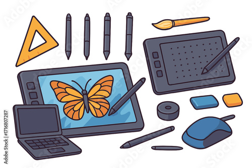 Graphic designer toolkit. Digital drawing equipment set. Artist workspace. Creative tools concept. Graphics tablet, stylus, laptop, mouse. Vector art illustration of supplies.