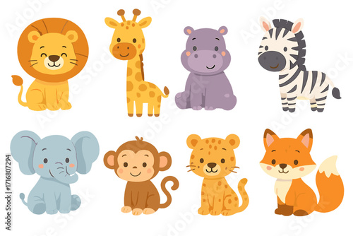 Cute baby animals collection. Adorable cartoon safari and jungle characters. Lion, giraffe, elephant, zebra, hippo, monkey, leopard, fox. Nursery vector illustration set.
