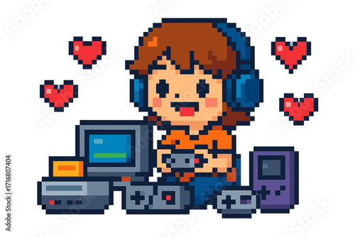 Retro gaming pixel art illustration. Cute gamer character with vintage console, computer and controller. 8 bit nostalgia for 80s and 90s video games. Love for old school hobby.
