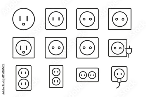 Electric socket and power outlet line icon collection. Minimalist vector pictogram set with editable stroke. Energy, electricity symbols. Wall plug, adapter icons for app, web.