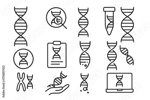 DNA line icon set for genetics and biology. Gene, chromosome, helix symbols. Scientific research, medical analysis, biotechnology and laboratory vector illustration collection.