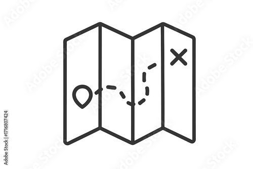 Map icon showing a route from a starting pin to a destination X. Simple line art for navigation, journey, travel, and strategy. Vector illustration of a path to a goal.