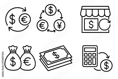 Currency exchange line icon set. Money transfer, finance, banking vector collection. Dollar, euro, yen trading signs. Financial transaction, payment, economy editable stroke.