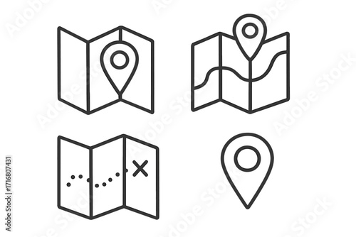 Map location pin icon set. GPS navigation sign. Linear pointer symbol for direction, position and destination. Vector route finding illustration. Folded map with marker.