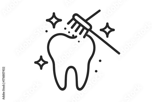 Tooth cleaning and polishing icon. Professional dental hygiene and oral care concept. Dentist, stomatology vector symbol. Healthy clean tooth sparkle. Minimal outline logo.