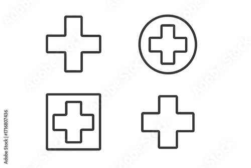 Medical cross line icon set. Health and hospital plus symbol collection. First aid, emergency, and pharmacy pictogram. Editable stroke vector for web and app design.