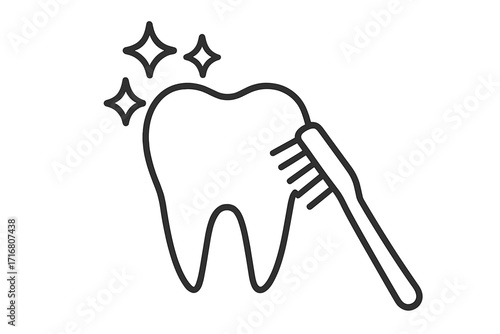 Tooth brushing and cleaning for dental care. Healthy molar with toothbrush. Oral hygiene and dentistry concept. Minimalistic outline vector icon for web and graphic design.