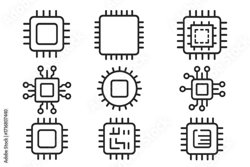 Chip line icon set. Processor, CPU, and microchip symbols. Editable stroke. Technology hardware pictogram collection for UI, UX, web and app design. Vector illustration.