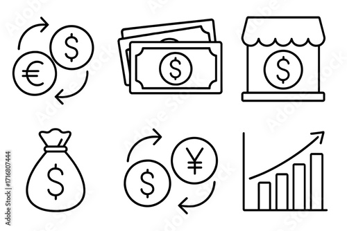Currency exchange line icon set. Finance, money, business. Dollar, euro, yen conversion. Bank, growth chart, money bag. Line art vector. Editable stroke. Financial trade symbols.