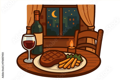 Romantic steak dinner with red wine and candlelight. Cozy restaurant setting at night with city view. Vector cartoon food illustration for a delicious gourmet meal.