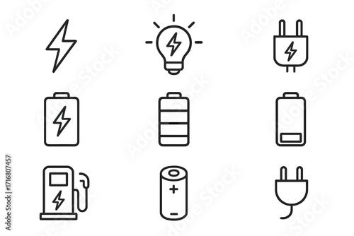 Energy power line icon set. Battery charging level, accumulator, electric plug and charger symbols. EV station. Vector pictogram for web, app, UI UX design. Editable stroke.
