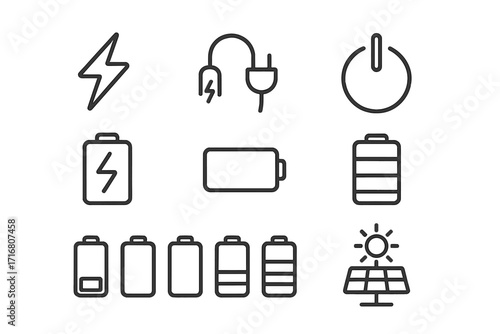 Battery charge and energy power vector line icon set. Power button, charger plug, solar panel. Accumulator level indicator. Minimalistic pictograms for UI UX design. Editable stroke.