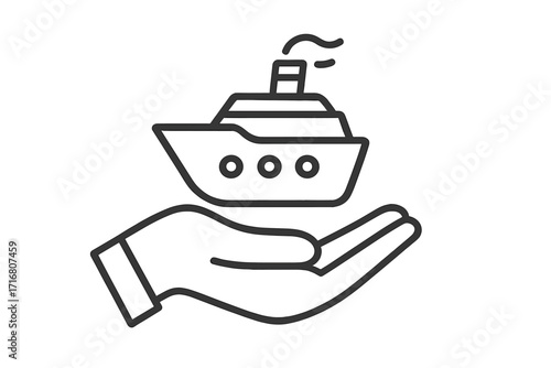 Hand holding cruise ship. Metaphor for travel insurance, safe journey, tourism service. Vector line icon for booking app, logistics, and maritime business. Safe voyage concept.