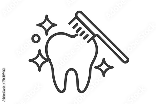 Tooth brushing a clean shiny tooth with a toothbrush. Dental care and oral hygiene concept. Dentist, stomatology medical symbol. Minimalist outline icon for web design. Vector.