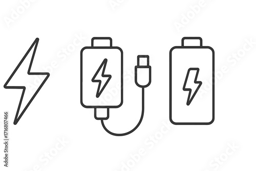 Energy charger, battery outline web line icons. Power bank pictogram with usb cable. Editable stroke for app, banner, post design. Vector cartoon line art illustration set.