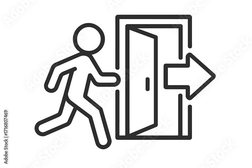 Exit symbol linear icon vector illustration. Man running to open door with arrow. Emergency escape route sign. Person evacuating building. Way out pictogram for safety.