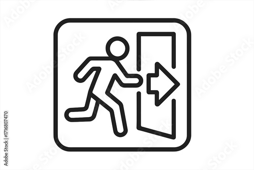Exit symbol linear icon. Emergency escape sign with running man figure and door. Way out pictogram for public places. Safety and warning vector illustration for evacuation.