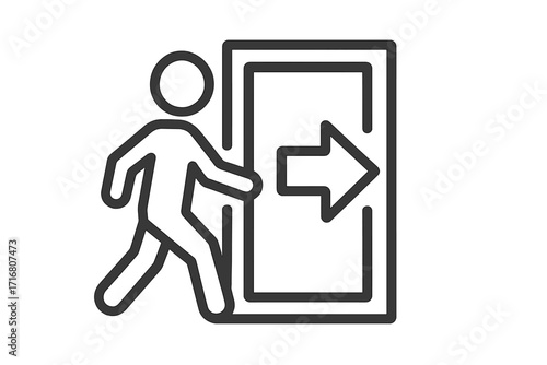Exit symbol. Emergency exit icon. Man walking through a door. Arrow sign for way out. Concept of leaving, escape, or logout. Pictogram for safety and direction. Linear vector.