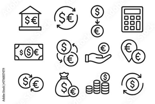 Money transfer & currency exchange line icon set. Finance, banking, investment concepts. Dollar & Euro conversion rate signs. Editable stroke vector icons for infographics.