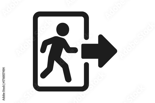 Exit sign icon with arrow and walking person. Emergency escape route symbol. Way out safety pictogram for public spaces. Man leaving through a doorway vector illustration. Logout and quit concept.