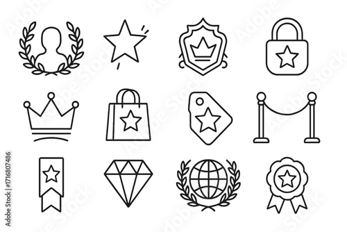 Exclusive line icon set for premium quality and VIP status. Vector symbols for rewards, awards, and best choice. Includes crown, diamond, star, medal, and laurel wreath.