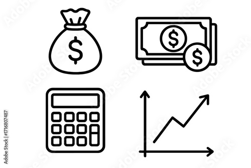 Finance money icon set. Vector business symbols. Includes money bag, cash, calculator, and growth chart. For financial analysis, budget, investment, banking, and profit concept.