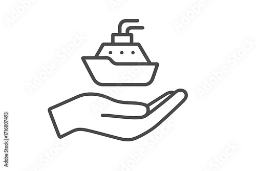 Travel insurance concept icon. Hand holds cruise ship. Boat trip safety. Maritime protection. Tourism agency logo. Vacation planning symbol. Ferry booking service vector graphic.