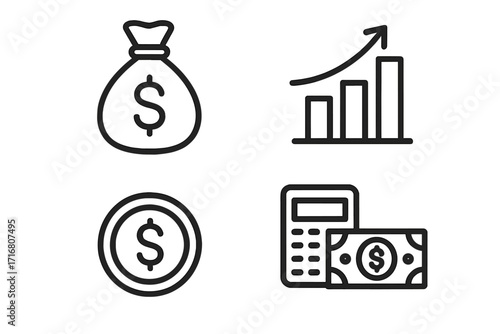 Finance and money line icon set. Business investment, economic growth, and profit concept. Vector icons for banking, budget, and savings. Dollar sign, money bag, chart.