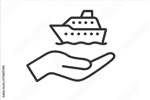 Hand holding cruise ship. Travel insurance concept. Safe sea voyage, boat trip booking. Cruise liner protection, tourism agency offer. Vacation care symbol. Vector illustration.